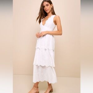 White Eyelet Embroidered Tiered Midi Dress